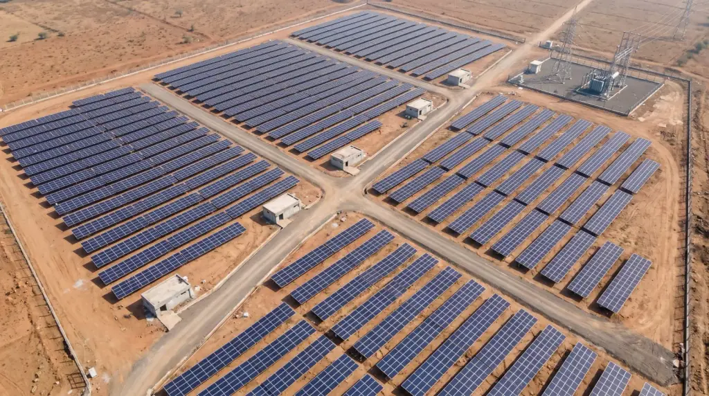 Aerial view of a 5 MW ground-mounted solar power plant: blocks of fixed-tilt module rows divided by gravel access roads, inverter stations along the central road, and a fenced switchyard with a lattice gantry at one corner