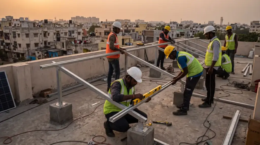 Solar installers at work on a rooftop in Alandur — a crew levelling a galvanised mounting structure with a spirit level before panels go on