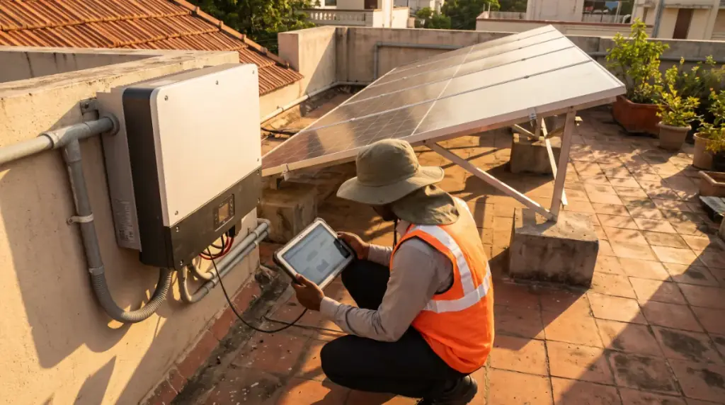 Solar installers at work on a rooftop in Alwarpet — an engineer commissioning a system on a tablet beside a wall-mounted inverter
