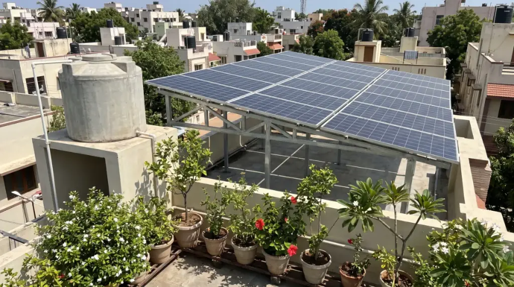 Rooftop solar system on an elevated structure over a duplex house in Anna Nagar