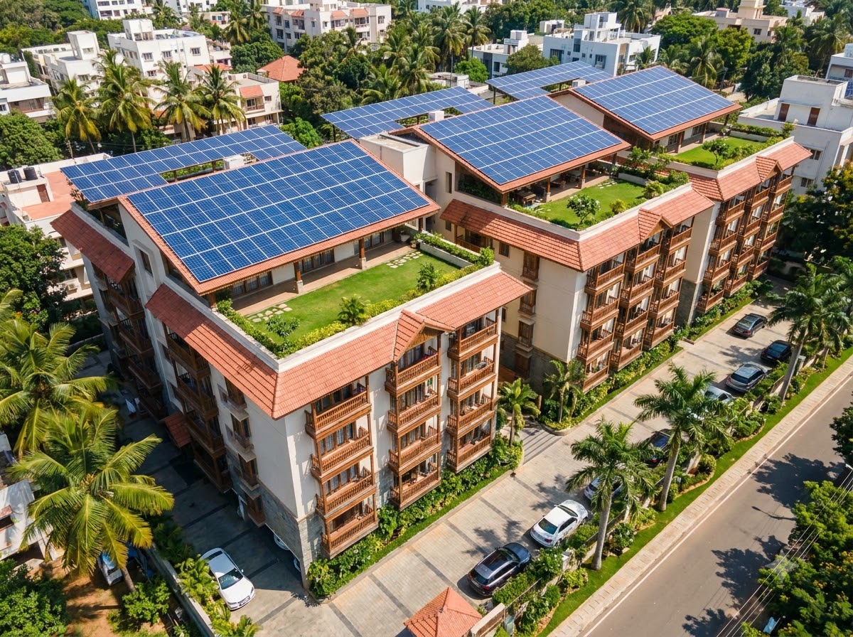 Rooftop solar arrays on an apartment complex in Chennai
