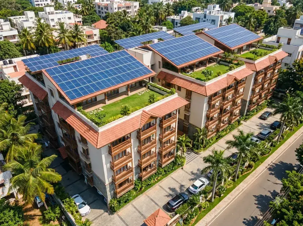 Rooftop solar arrays on an apartment complex in Chennai