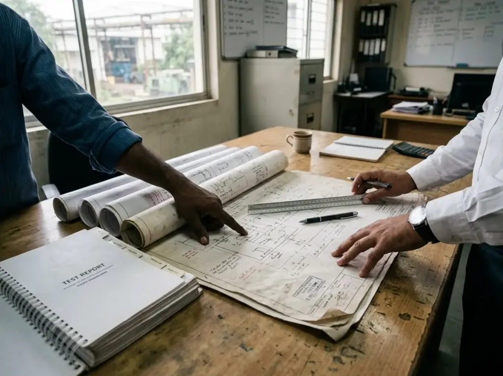 As-built electrical drawings and a bound test report folder being handed over across a table