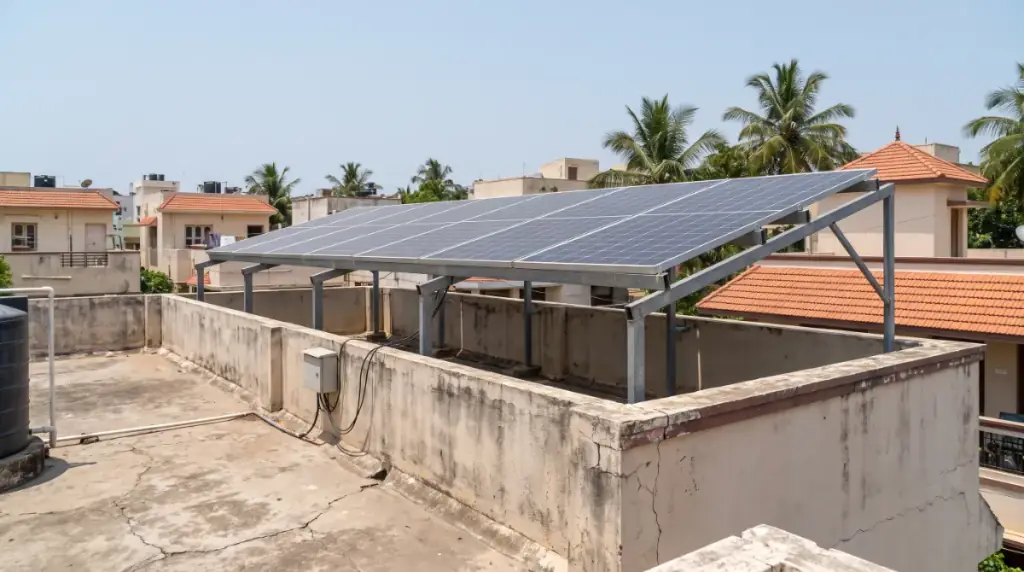 Rooftop solar system on an elevated structure over a two-storey independent house in Besant Nagar