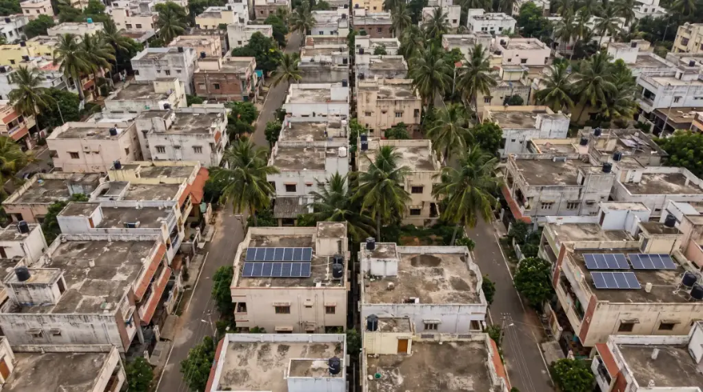 Aerial view of rooftops in Chengalpattu with solar panels on several terraces