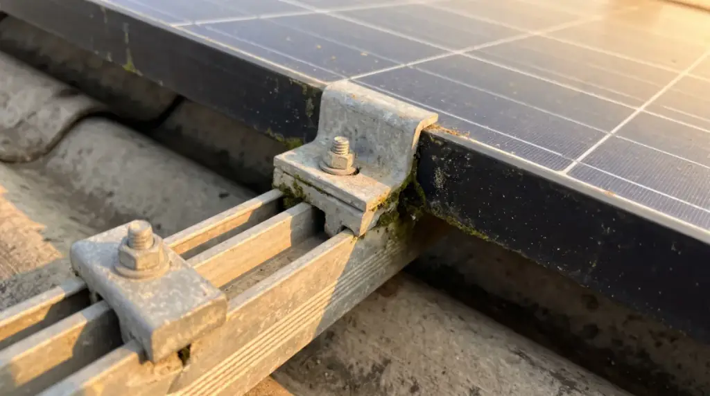 A close-up of galvanised mounting clamps and rails holding the edge of a dark solar module, rooftop solar in Chengalpattu