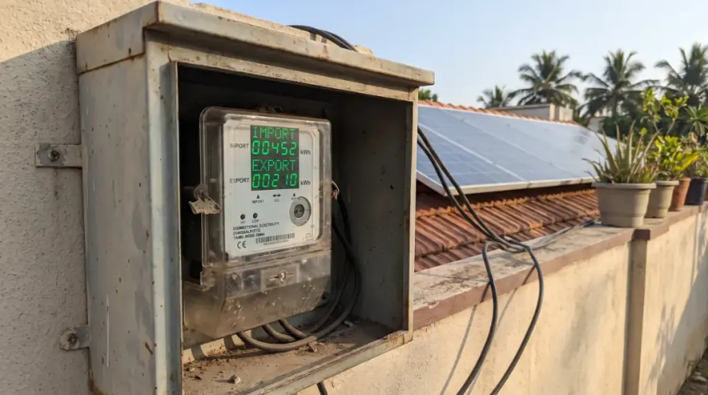A bidirectional net meter in an outdoor meter box on a compound wall, rooftop solar in Chengalpattu