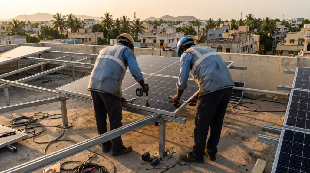 Solar installers at work on a rooftop in Chengalpattu Town — two technicians bolting a solar panel onto a galvanised rail on a terrace