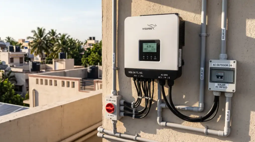 A wall-mounted string inverter with its display lit, rooftop solar in Chennai