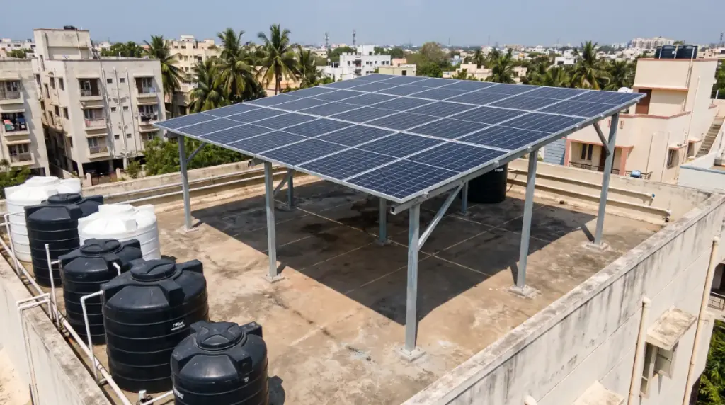 Rooftop solar system on an elevated structure over a four-storey apartment block in Chennai