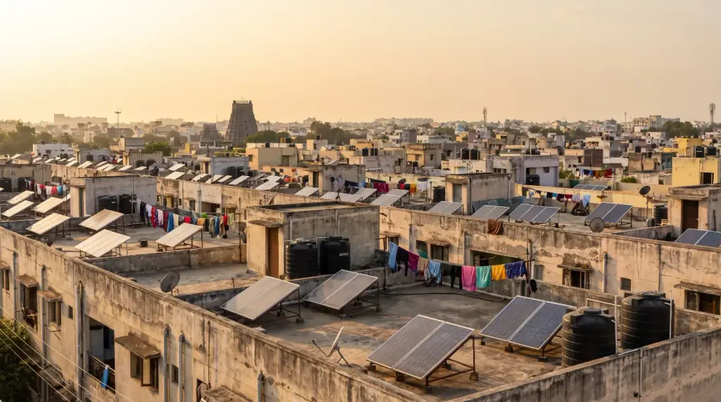 Flat concrete terraces of a dense South Indian city neighbourhood with small solar arrays, water tanks and a distant temple tower