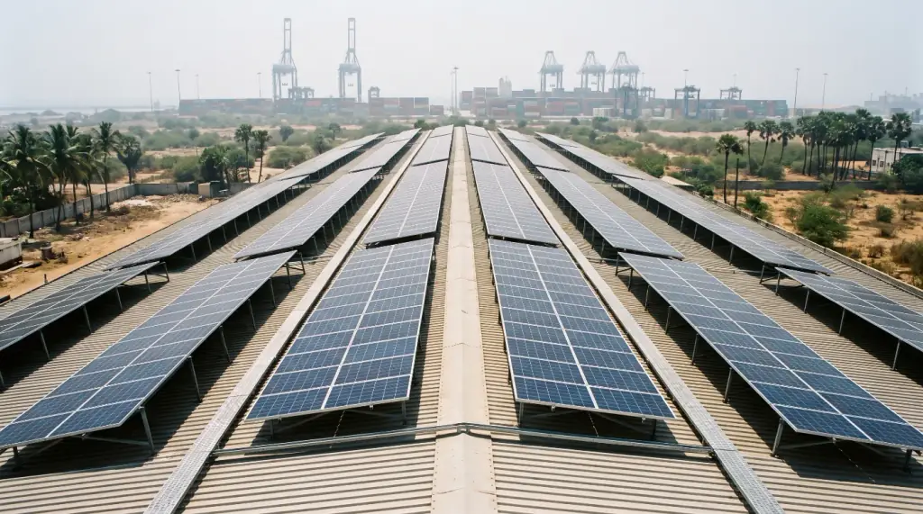 Rooftop solar array on an industrial shed near a coastal port, with port cranes and containers in the distance