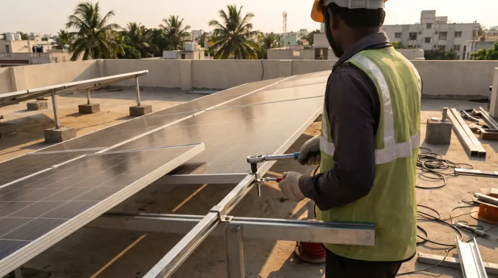 Solar installers at work on a rooftop in Coimbatore — a technician fixing mid-clamps between two solar panels