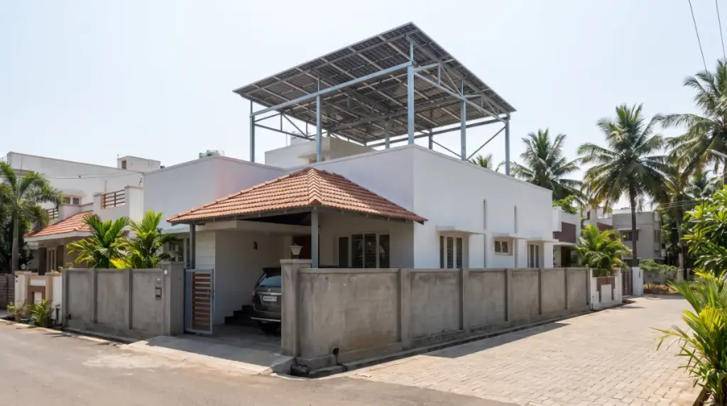 Rooftop solar system on an elevated structure over a modern white villa in Coimbatore