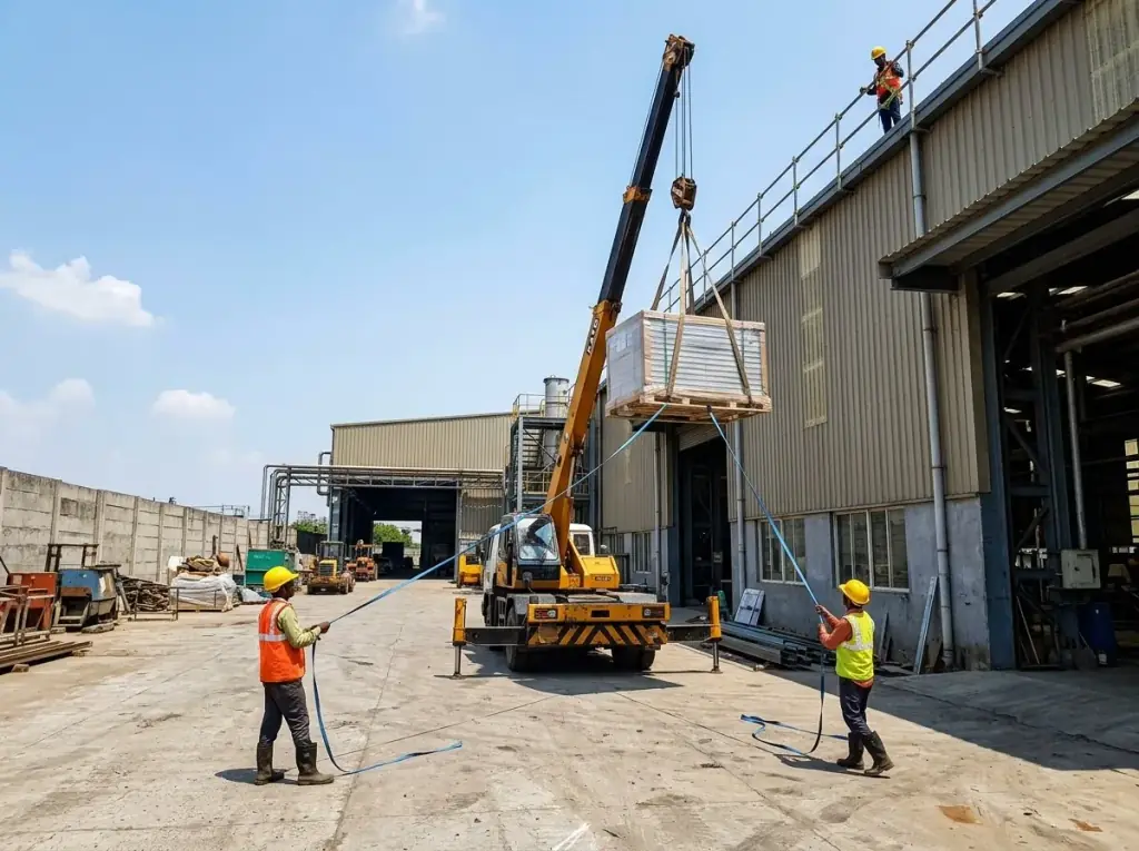 Mobile crane lifting a pallet of solar modules to a factory roof with workers steadying tag lines