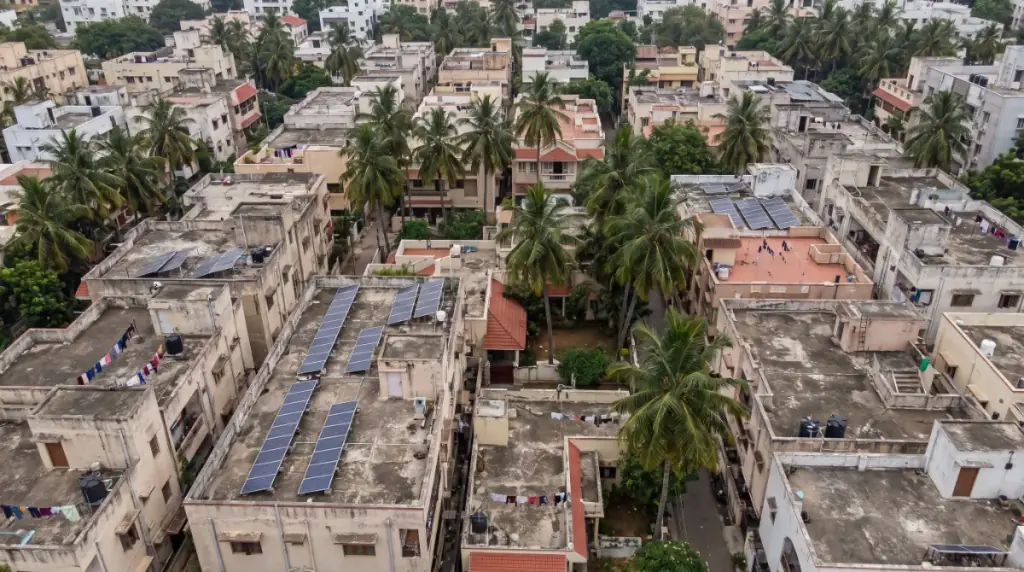Aerial view of rooftops in Egmore with solar panels on several terraces