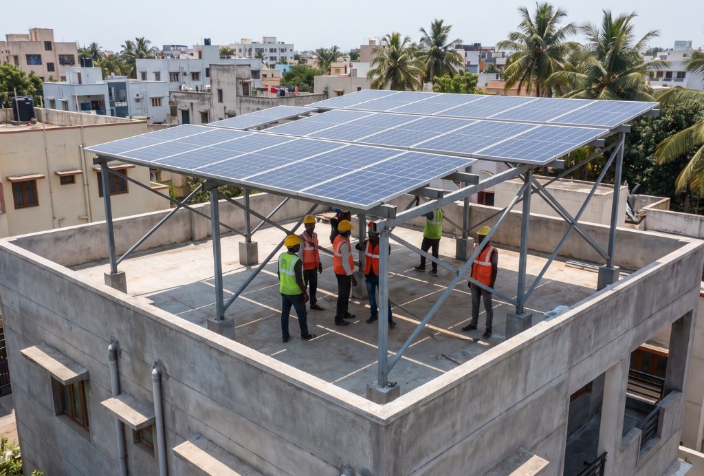7 kW solar array on an elevated terrace mounting structure