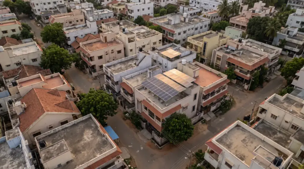 Aerial view of rooftops in Erode with solar panels on several terraces