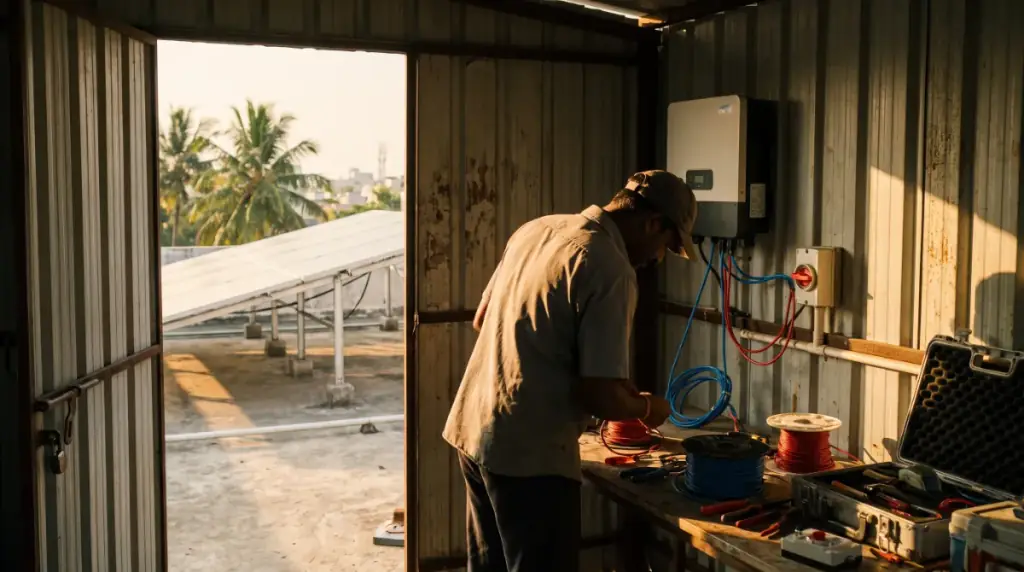 Solar installers at work on a rooftop in Erode — an electrician wiring a string inverter to a DC isolator inside a small terrace shed