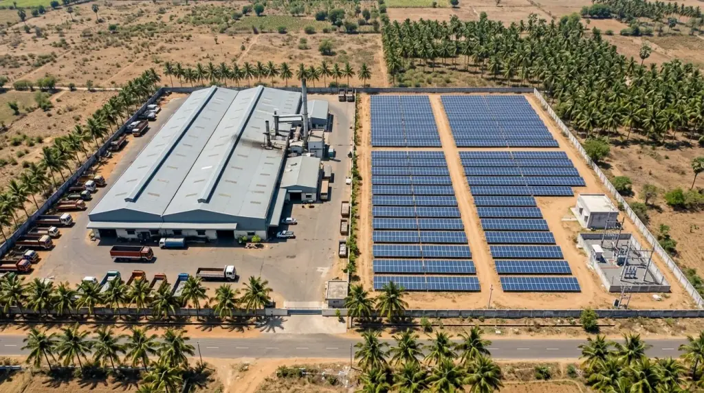 Aerial view of a ground-mount solar plant beside a factory in Tamil Nadu
