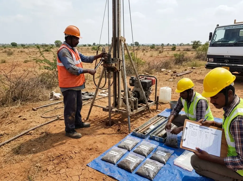 Geotechnical soil investigation rig on a solar plot in Tamil Nadu, establishing foundation depth before civil costing