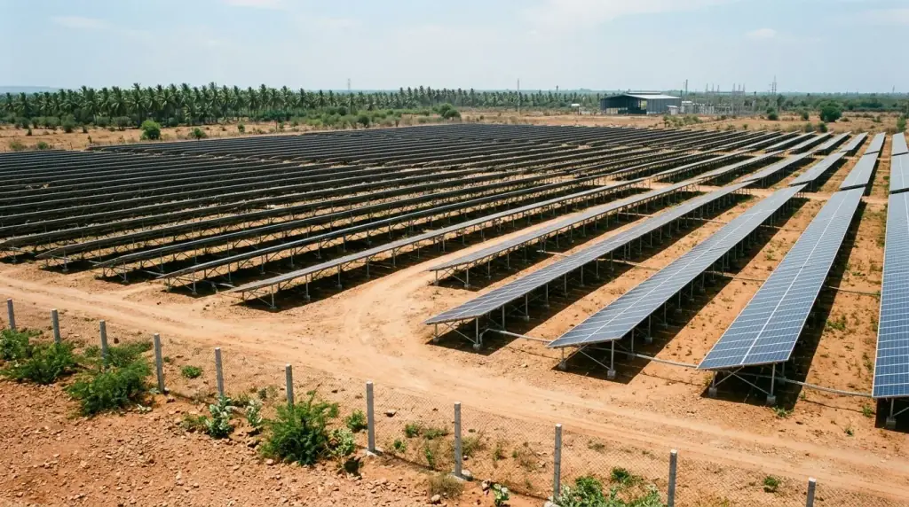 Megawatt scale ground mount solar power plant on open land in Tamil Nadu