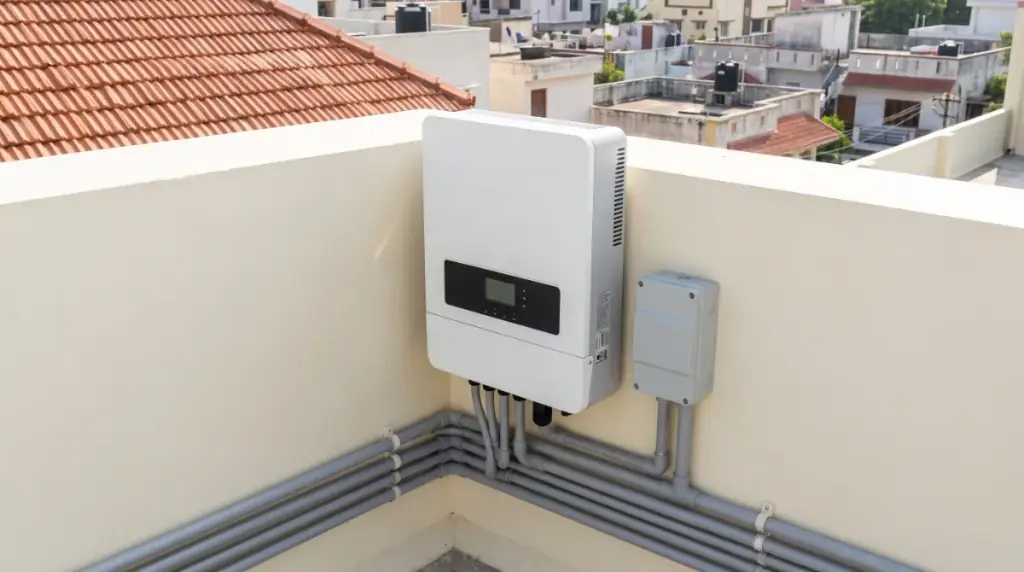 A wall-mounted string inverter with its display lit, rooftop solar in Guindy