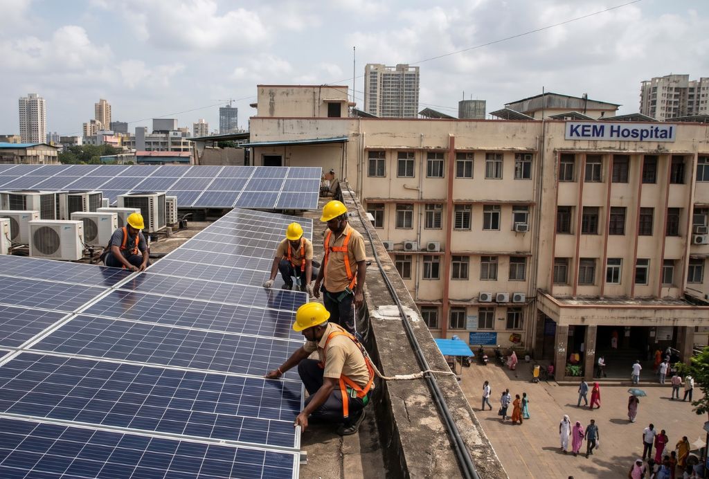 Hospital rooftop solar system being installed in India