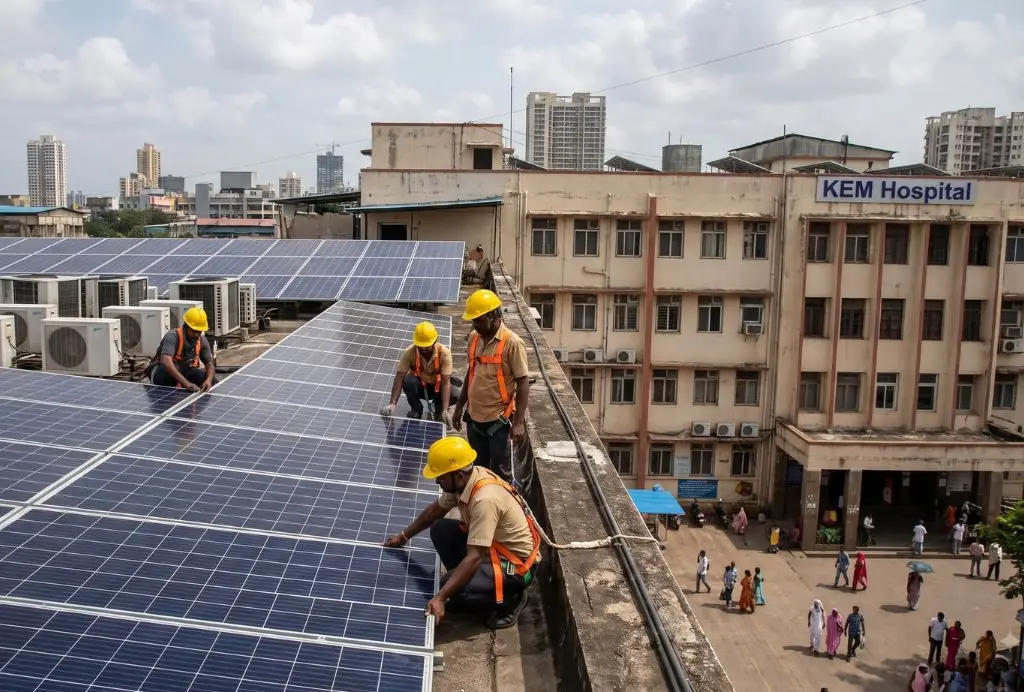 Hospital rooftop solar system being installed in India