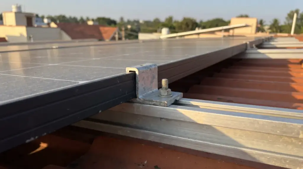 A close-up of galvanised mounting clamps and rails holding the edge of a dark solar module, rooftop solar in Hosur
