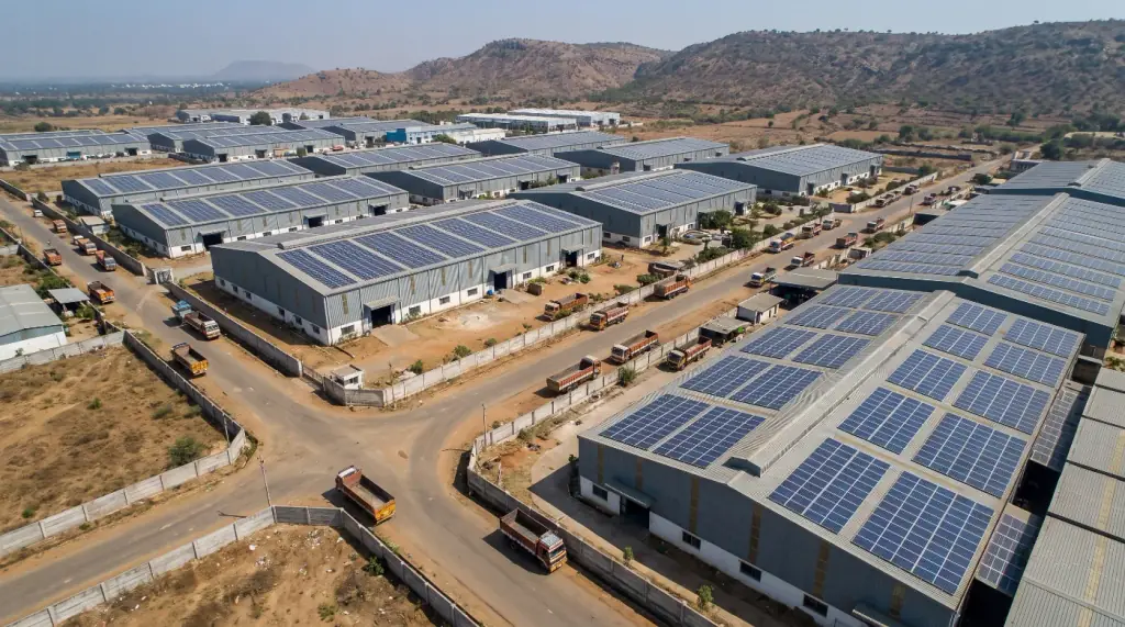 Aerial view of an industrial estate with solar arrays on large factory roofs