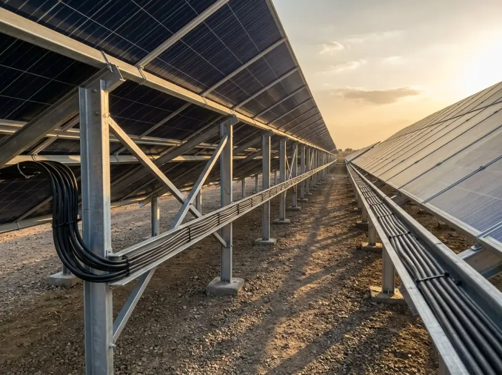 Inter-row spacing between fixed-tilt solar module rows, with the winter shadow falling in the gap rather than on the next row