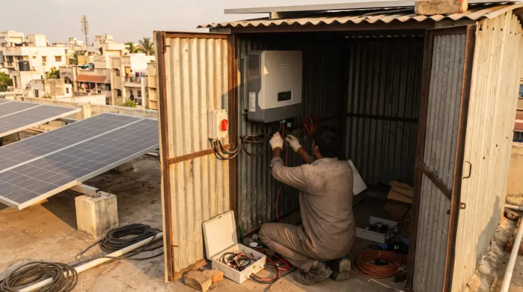 Solar installers at work on a rooftop in K K Nagar — an electrician wiring a string inverter to a DC isolator inside a small terrace shed