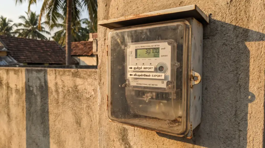 A bidirectional net meter in an outdoor meter box on a compound wall, rooftop solar in Kanchipuram