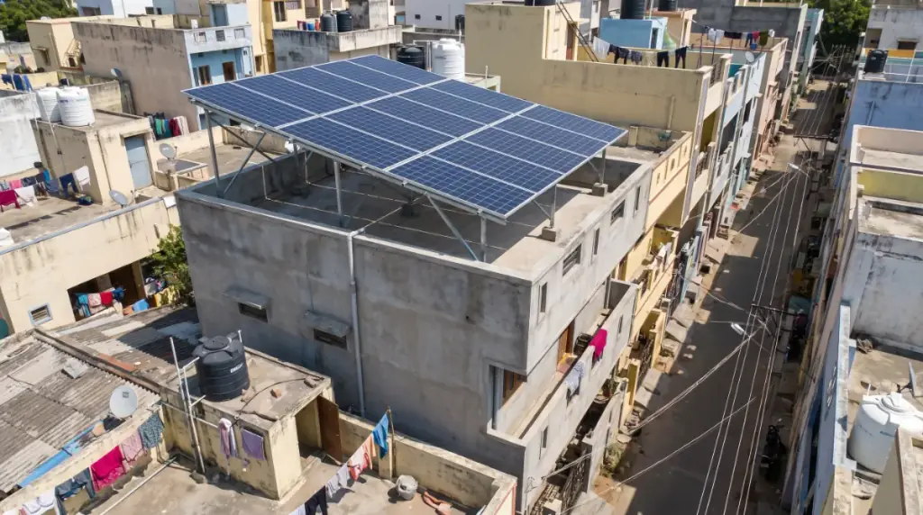 Rooftop solar system on an elevated structure over a narrow three-storey row house on a tight residential street in Kanchipuram