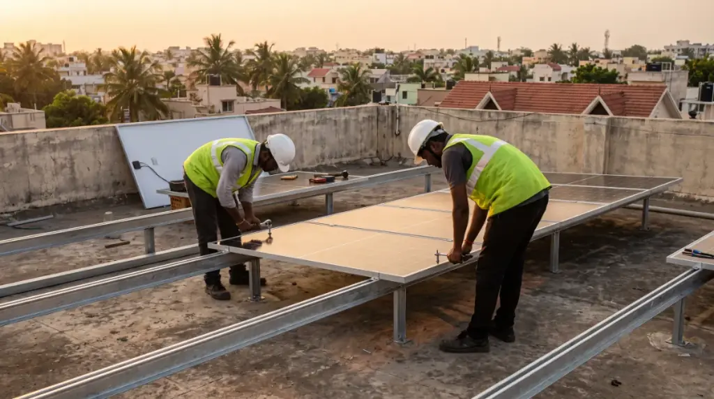 Solar installers at work on a rooftop in Karapakkam — two technicians bolting a solar panel onto a galvanised rail on a terrace