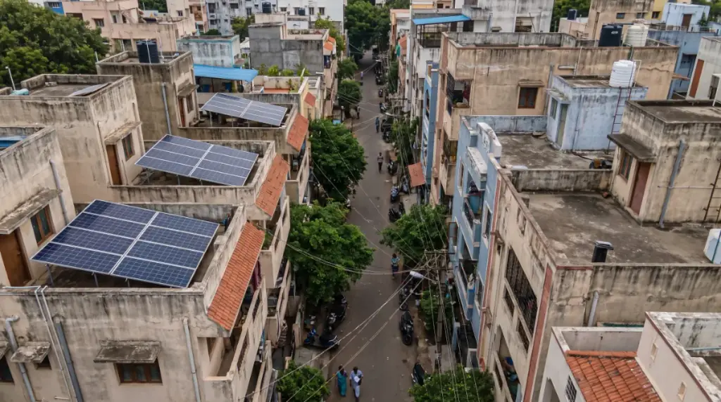 Aerial view of rooftops in Kodambakkam with solar panels on several terraces