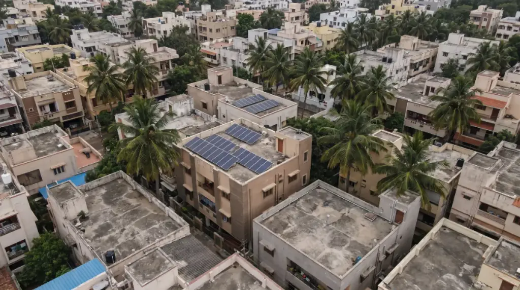 Aerial view of rooftops in Kolathur with solar panels on several terraces