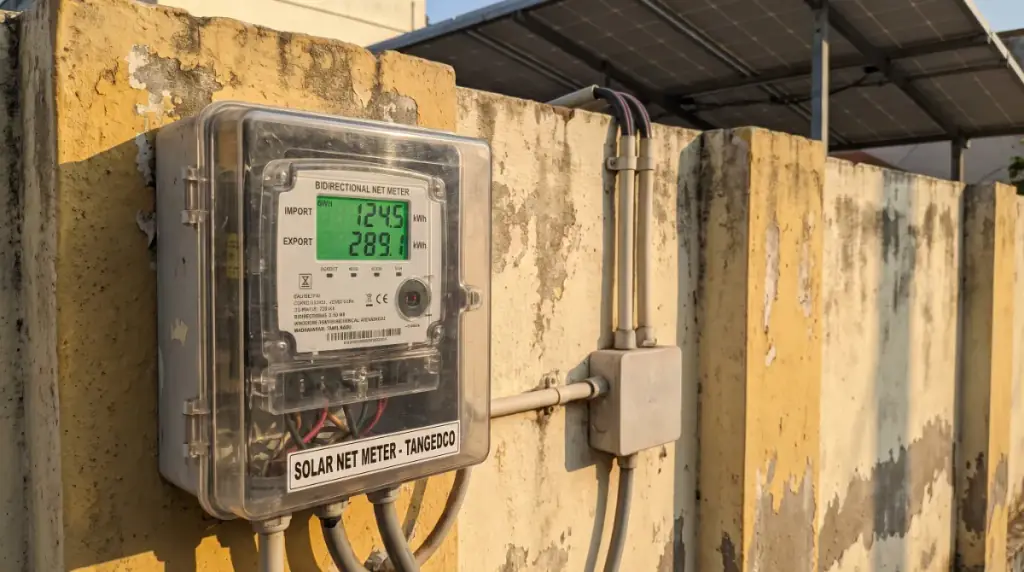 A bidirectional net meter in an outdoor meter box on a compound wall, rooftop solar in Madhavaram