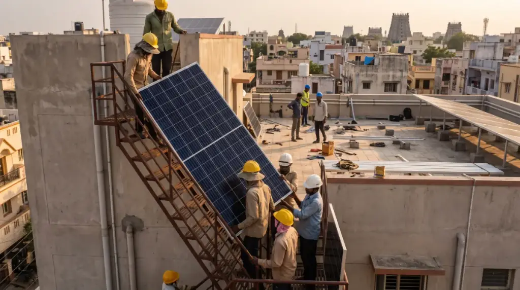 Solar installers at work on a rooftop in Madurai — installers carrying a solar panel up an external staircase to a terrace