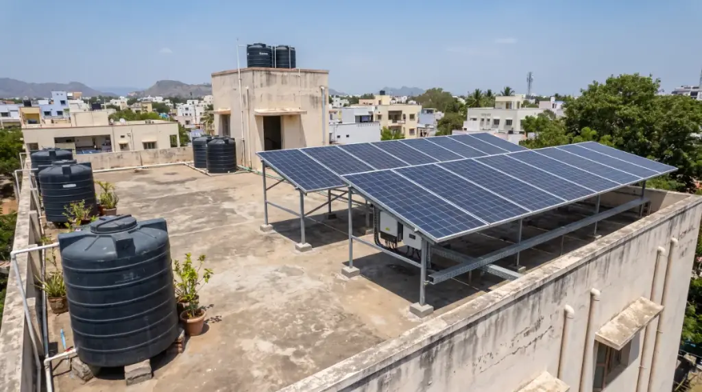 Rooftop solar system on an elevated structure over a four-storey apartment block in Madurai