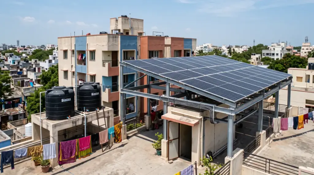 Rooftop solar system on an elevated structure over a four-storey apartment block in Mandaveli