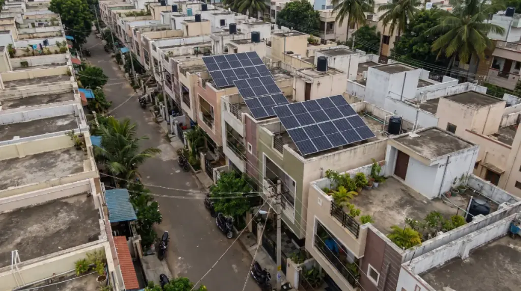 Aerial view of rooftops in Maraimalai Nagar with solar panels on several terraces