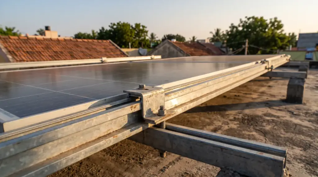 A close-up of galvanised mounting clamps and rails holding the edge of a dark solar module, rooftop solar in Mudichur
