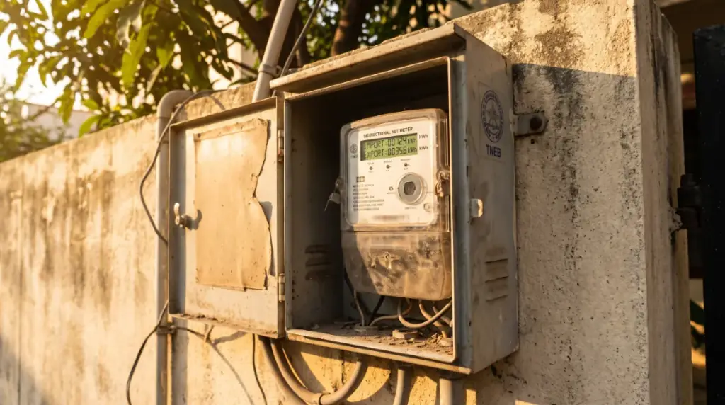 A bidirectional net meter in an outdoor meter box on a compound wall, rooftop solar in Mugalivakkam
