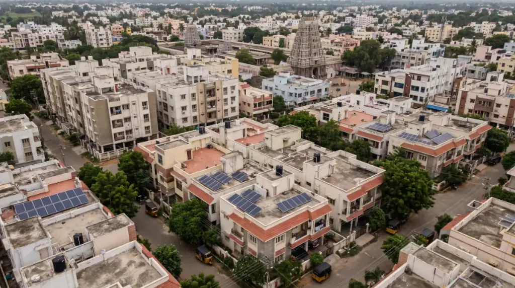 Aerial view of rooftops in Namakkal with solar panels on several terraces