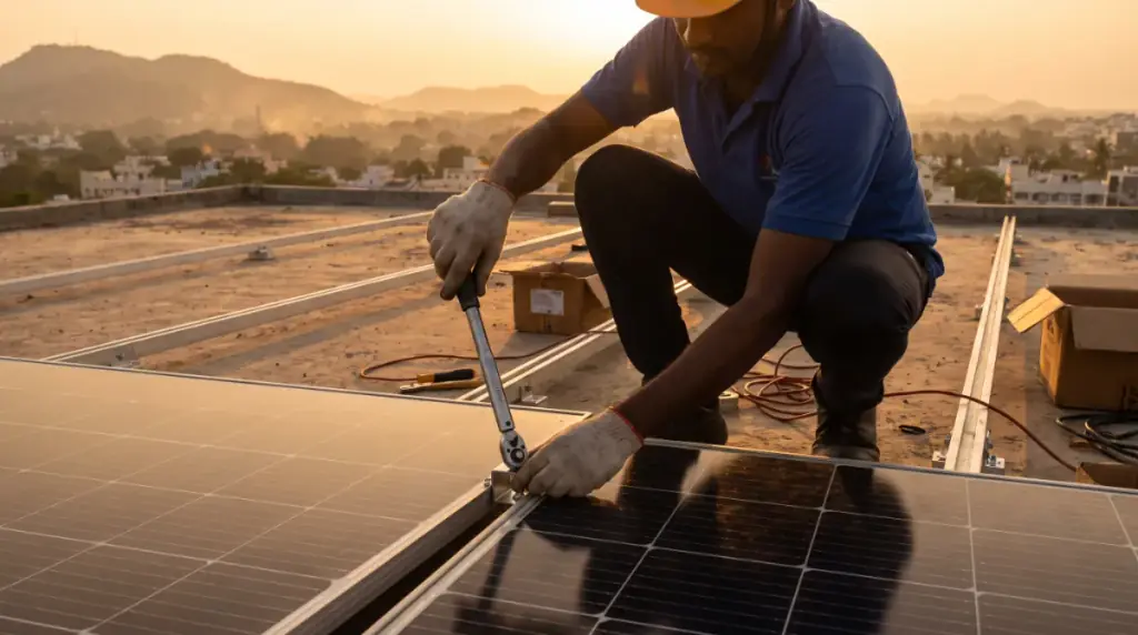 Solar installers at work on a rooftop in Namakkal — a technician fixing mid-clamps between two solar panels