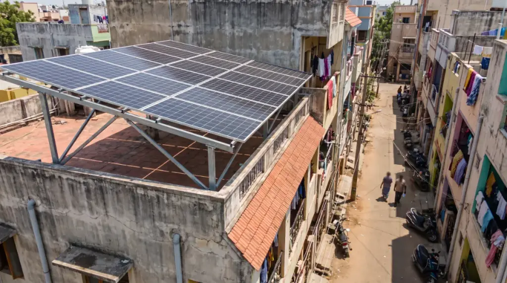 Rooftop solar system on an elevated structure over a narrow three-storey row house on a tight residential street in Navalur