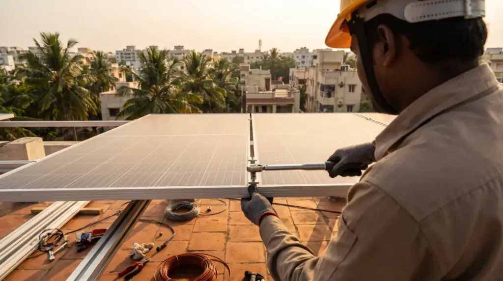 Solar installers at work on a rooftop in Neelankarai — a technician fixing mid-clamps between two solar panels