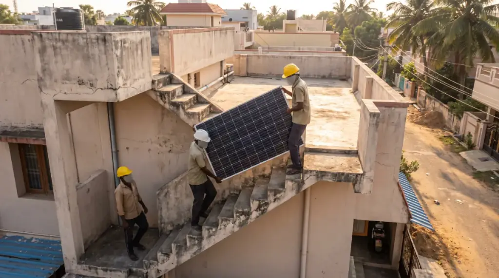 Solar installers at work on a rooftop in Padappai — installers carrying a solar panel up an external staircase to a terrace